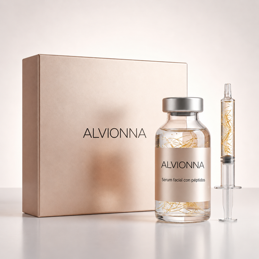 Caja Alvionna, frasco de sérum facial con péptidos y dosificador cosmético sobre fondo claro