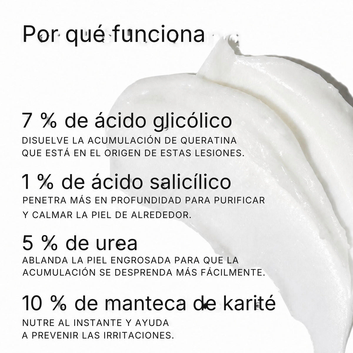 Por qué funciona: ácido glicólico, salicílico, urea, manteca de karité